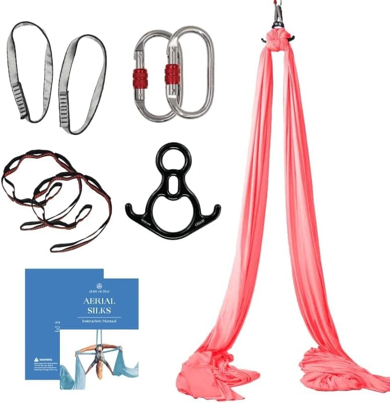 Starter Aerial Silks Kit, 9 Yards Tricot Fabric – Durable Aerial Yoga Hammock with Rigging Components & Illustrated Guide for Acrobatic/Flying Yoga (Up to 13 ft Rigging)
