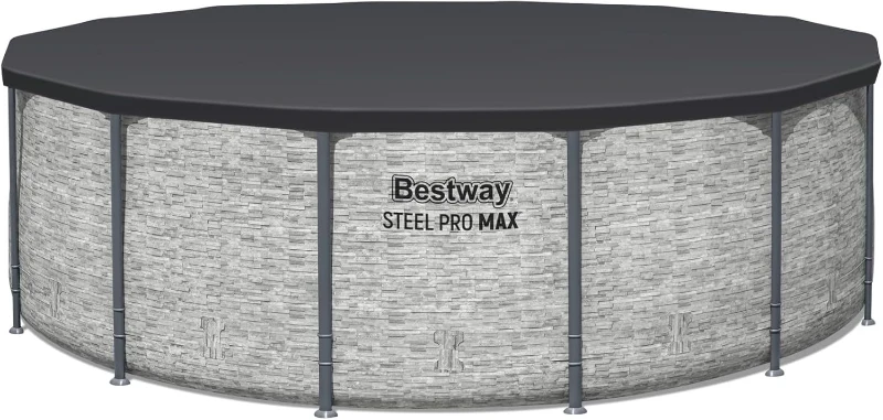 Bestway Steel Pro MAX 14-Foot x 48-Inch Round Above-Ground Pool Set with Metal Frame, Model 58388E Filter Pump, Ladder and Cover, Gray