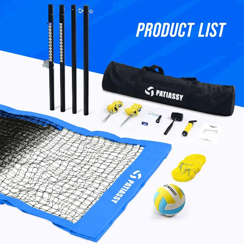 Patiassy Portable Volleyball Net for Backyard – Heavy-Duty Professional Outdoor Set with Adjustable 1.75"" Aluminum Poles, Galvanized Winch, Steel Stakes, Anti-Sag Design, Pump and 1680D Carry Bag for Beach & Grass