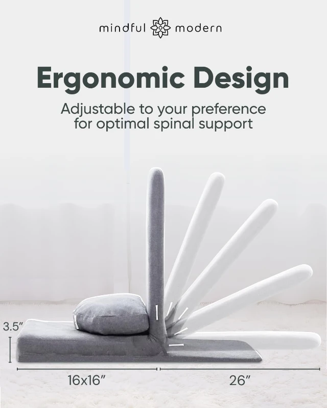 Mindful Modern Folding Pro Meditation Chair - Adjustable Floor Seat with Back Support and Half-Moon Buckwheat Cushion, Comfortable Mindfulness Living Room Chair