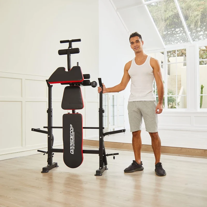 OPPSDECOR 6-in-1 Adjustable Weight Bench with Squat Rack, Preacher Curl and Leg Developer — 660 lb Capacity Foldable Home Gym Station