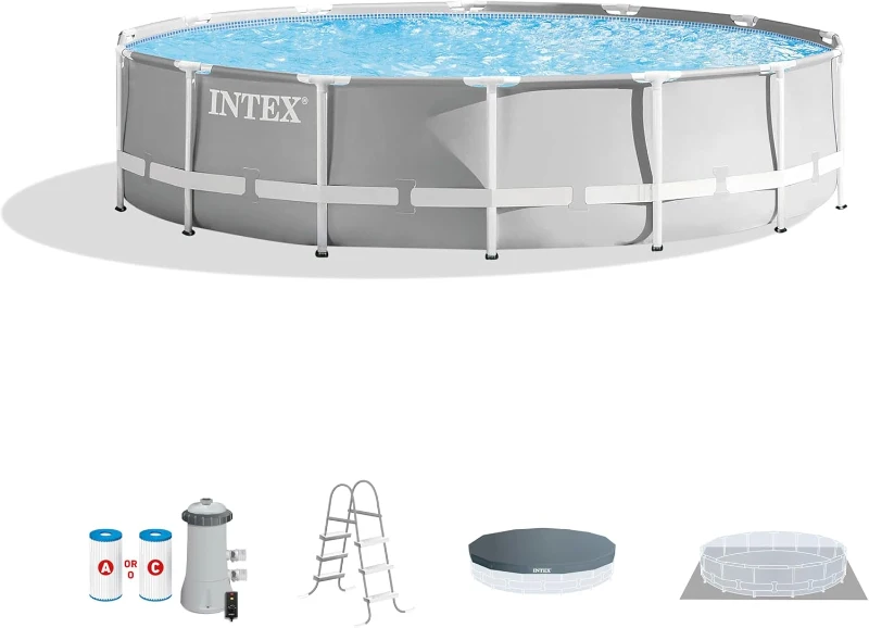 Intex Prism Frame Premium Above-Ground Pool 14ft x 42in with 1000 GPH Cartridge Filter Pump – SuperTough Puncture-Resistant, Rust-Resistant, 3357 Gallon Capacity