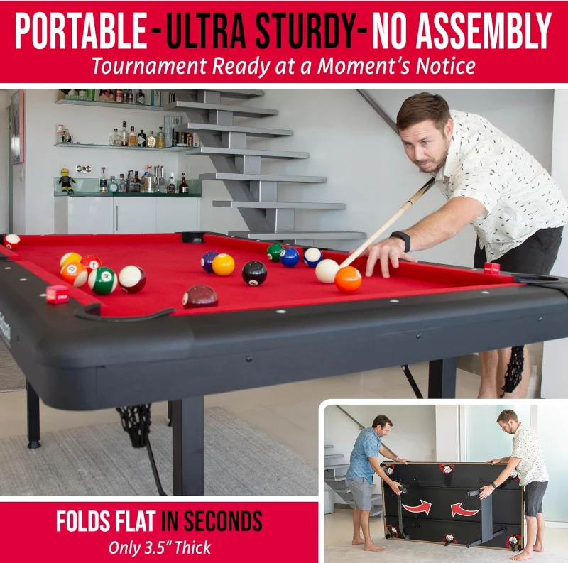 GoSports Mid-Size Billiards Table — 6, 7, or 8 ft Options — Portable, No-Assembly Pool Table with Full Accessory Set (Includes Balls, 2 Cues, Chalk & Felt Brush)