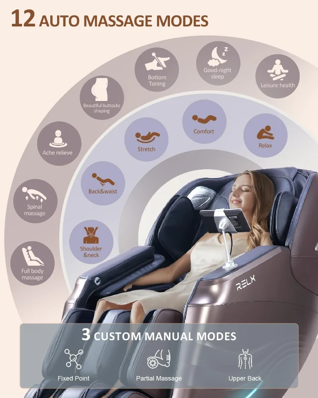RELX 2025 Full-Body Massage Chair – 53"" SL-Track, 15 Modes, Zero Gravity, Built-in Heat, 32 Airbags, Body Scan, Yoga Stretch, Calf Extension & AI Control (Brown)
