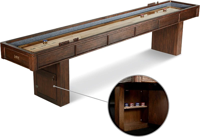 Barrington 12-Foot Rustic Shuffleboard Table with Cabinets - Classic Arcade Collection with Puck Sets, Preassembled Playfield