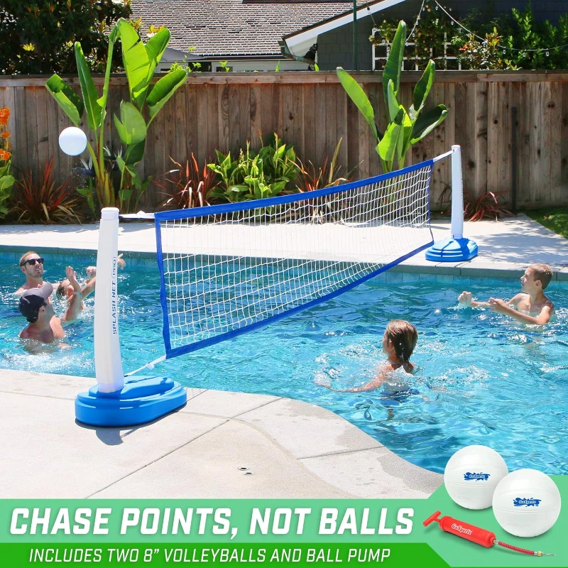 GoSports Splash Net PRO Pool Volleyball Set — Adjustable Inground Pool Net (up to 25 ft) with 2 Water Volleyballs and Pump — Red/White/Blue