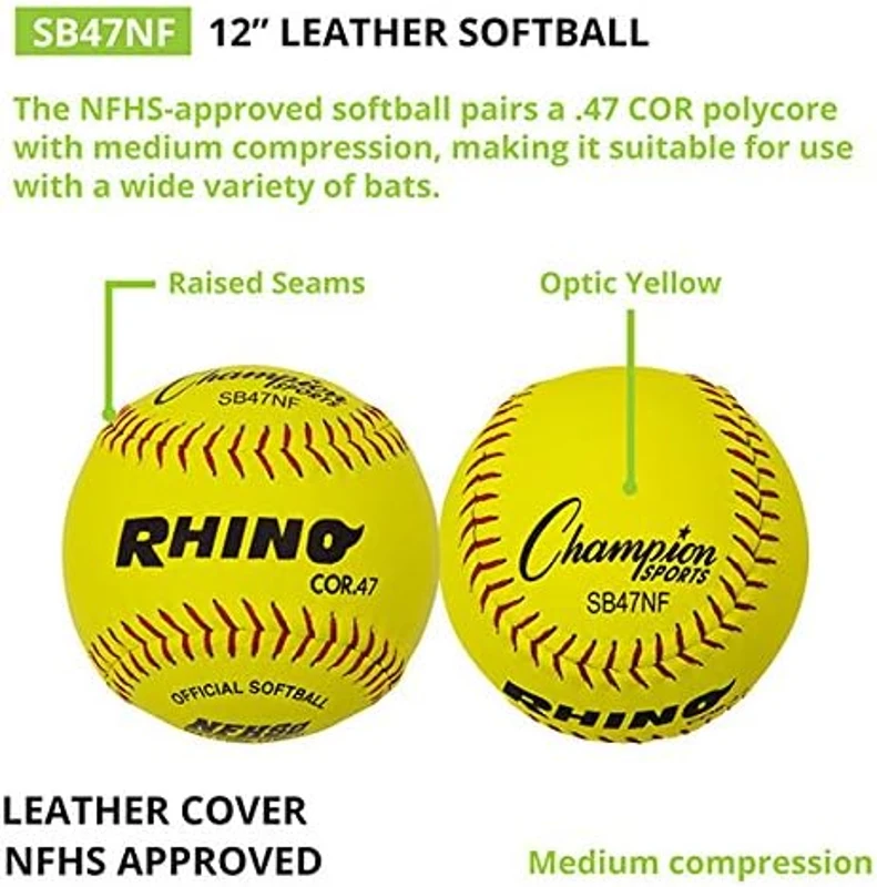 Champion Sports® Optic Yellow Leather Softballs – Dozen, .47 Polycore, Medium Compression, Raised Seams