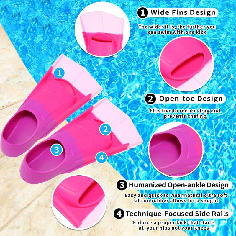 Youth Short Swim Fins — Comfortable Flippers for Lap Training and Swim Practice, Kids & Beginners