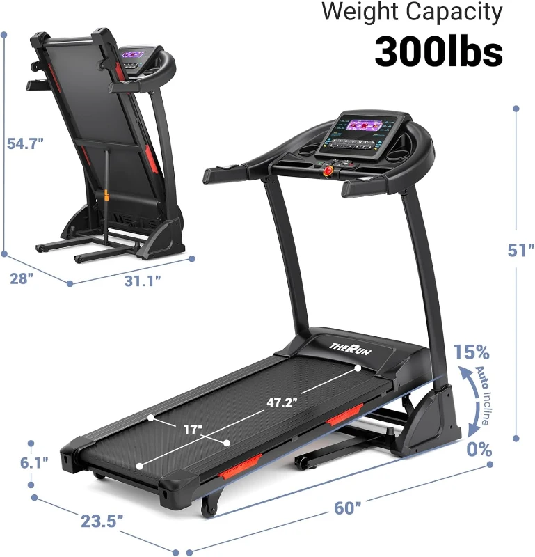 THERUN 0–15% Auto Incline Folding Treadmill for Home, 300 lb Max Load, Wide 17"" Belt, 3.5 HP, App-Enabled with Heart Rate