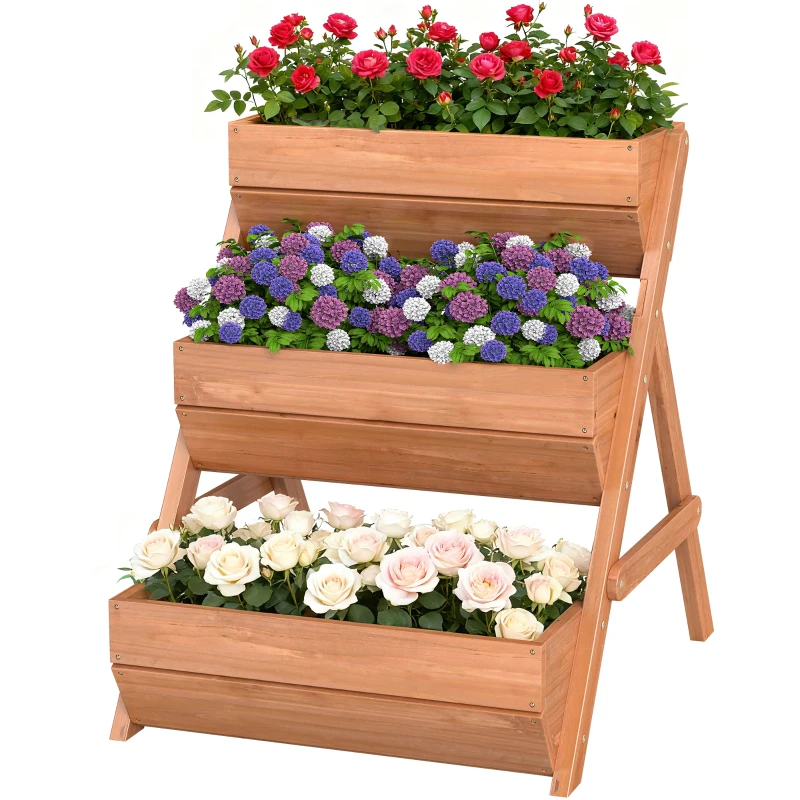 Outsunny 3 Tier Elevated Planter Box, Vertical Wooden Raised Garden Bed for Flowers, Vegetables, Herbs, 26" x 30" x 30", Brown