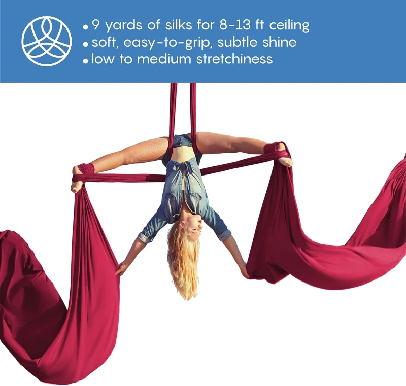 Aerial Yoga Hammock Kit – 9 yd Tricot Silks with Heavy-Duty Hardware & Guide for Flying Yoga, Gymnastics and Inversion (Rig Up to 13 ft)