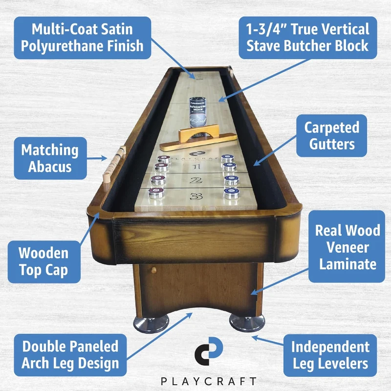 Playcraft Georgetown Shuffleboard Table with Storage Cabinet — Hand-Stained Burnished Finish, Pro Climate Adjusters, Abacus, 8 Pucks, Brush & Wax