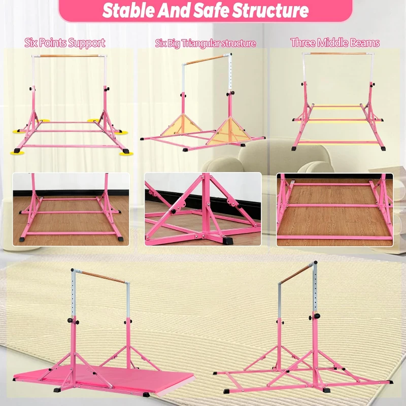 Marfula Professional Foldable Gymnastics Kip Bar for Kids & Teens (Ages 3-25) – 5 ft Length, 4 ft Width, Adjustable 36–60 in Height (13 Levels) with Mat – Home & Club Training Equipment