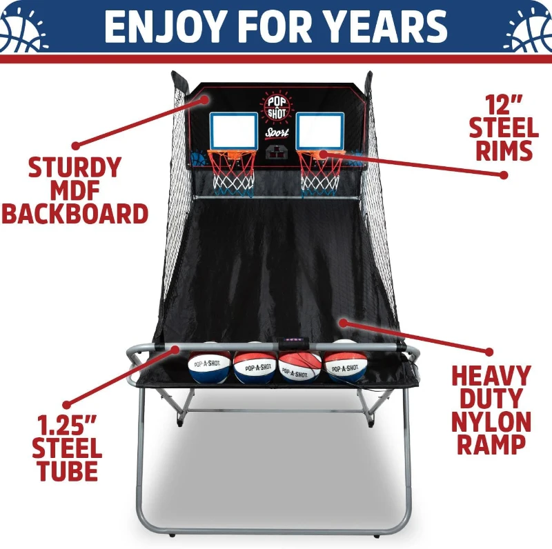 Pop-A-Shot Dual Shot Sport — Foldable Home Arcade Basketball Game with Paddle Scoring, 10 Game Modes, 4 Balls