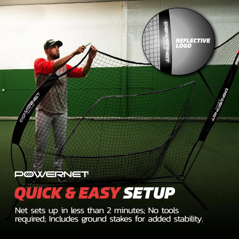 PowerNet 7' x 7' Baseball & Softball Practice Net — Black with Deluxe Adjustable Tee, Carry Bag and Fast Setup