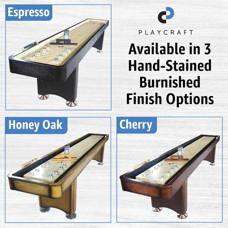 Playcraft Georgetown Shuffleboard Table with Storage Cabinet — Hand-Stained Burnished Finish, Pro Climate Adjusters, Abacus, 8 Pucks, Brush & Wax