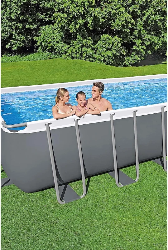 Bestway Power Steel 31 ft 4 in x 16 ft x 52 in Rectangular Metal Frame Above-Ground Pool Kit with 2,200 GPH Sand Filter, Ladder and Cover - Grey
