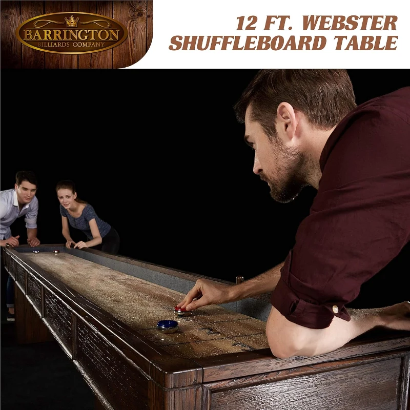 Barrington 12-Foot Rustic Shuffleboard Table with Cabinets - Classic Arcade Collection with Puck Sets, Preassembled Playfield