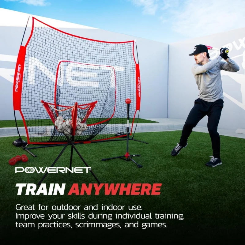 PowerNet 7' x 7' Baseball & Softball Training Kit — Red Ultimate Set with Adjustable Tee, 3 Weighted Balls, Strike Zone & Ball Caddy