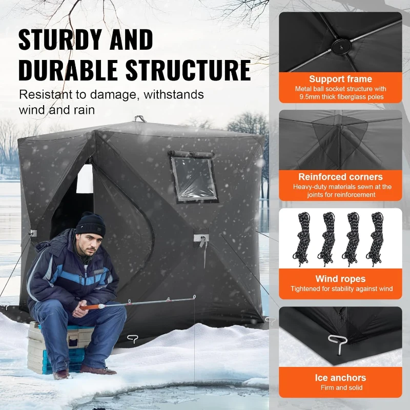 VEVOR Pop-Up Ice Fishing Tent — Hub-Style Portable Shelter, Insulated & Non-Insulated Options, Multiple Sizes (1–8 Persons), Waterproof 300D Oxford with Anchors, Ropes & Carry Bag