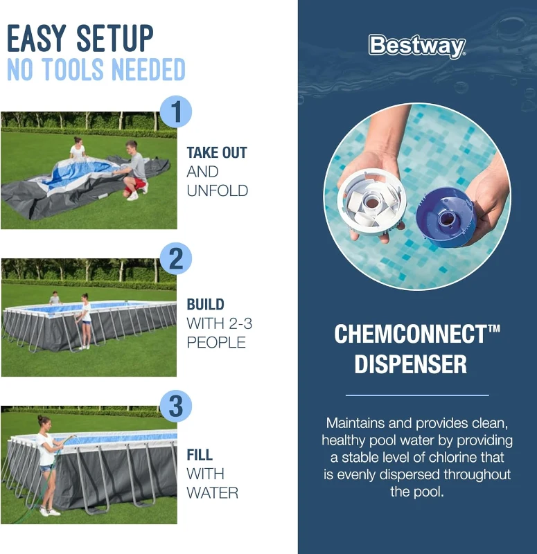 Bestway Power Steel Rectangular 24 ft x 12 ft x 52 in Metal Frame Above-Ground Pool Kit with 1,500 GPH Sand Filter Pump, Ladder and Cover