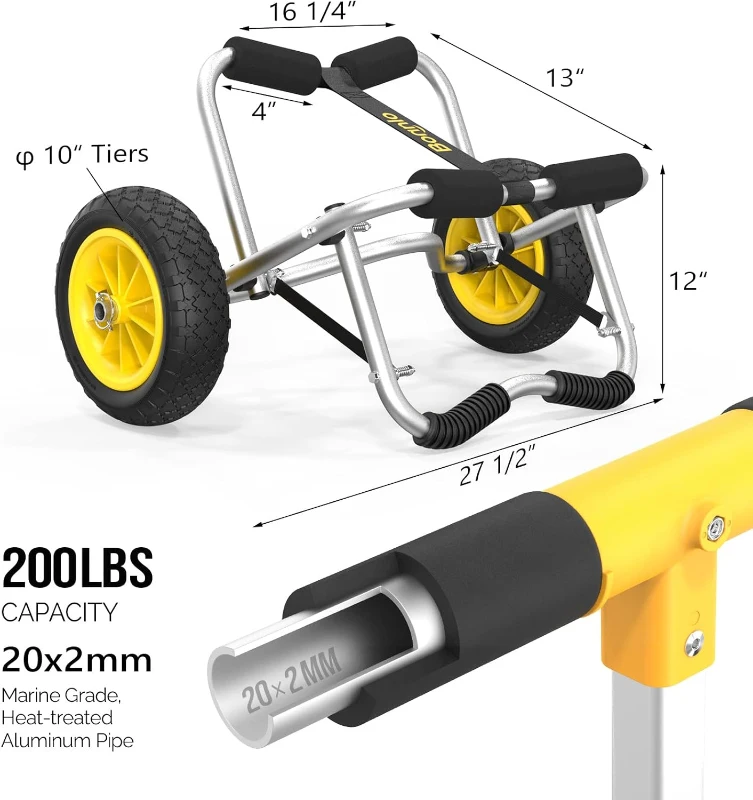 Bonnlo Foldable Kayak Cart & Canoe Dolly — Trolley with No-Flat Airless Wheels and Two Ratchet Straps for Easy Boat Transport
