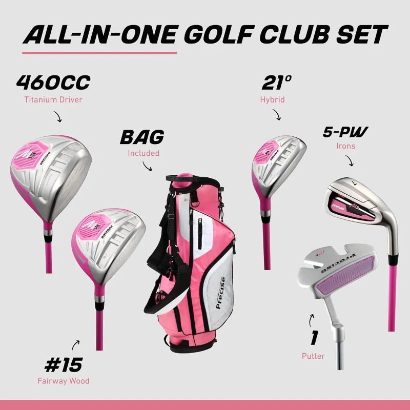 Precise M5 Women’s Golf Club Set – 460cc Titanium Driver, Stainless Steel Fairway & Hybrid, #5-PW Irons, Putter, Stand Bag, 3 Headcovers – Right Handed (Pink)