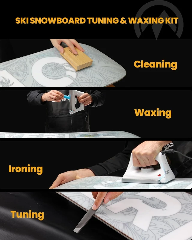 OutdoorMaster Ski & Snowboard Tuning and Waxing Kit - Waxing Iron, Universal Wax, Edge Tuner, Brushes, Scrapers, PTEX, Screws & Storage Bag