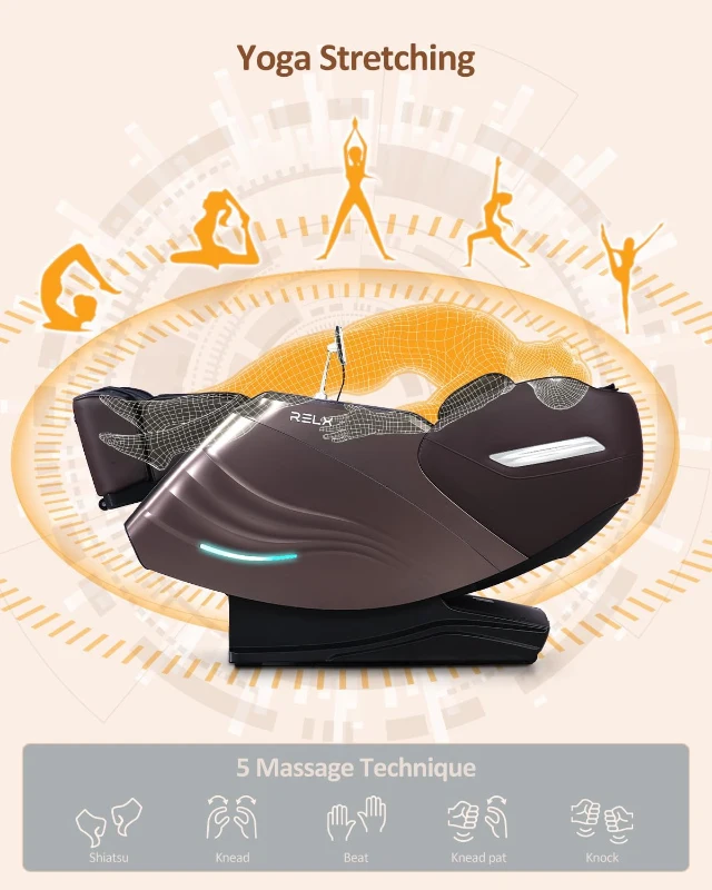 RELX 2025 Full-Body Massage Chair – 53"" SL-Track, 15 Modes, Zero Gravity, Built-in Heat, 32 Airbags, Body Scan, Yoga Stretch, Calf Extension & AI Control (Brown)