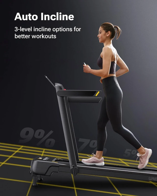 UREVO Smart Treadmill with 3-Level Auto Incline (5–9%), UREVO App, AI Music & HIIT Courses, Foldable Under-Desk Design with Remote