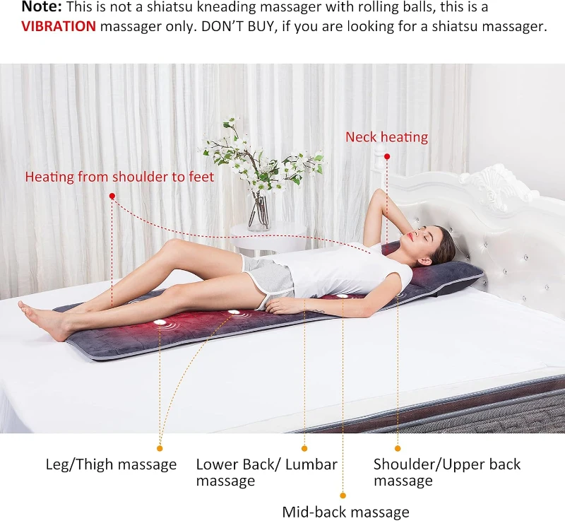 Snailax Memory Foam Full-Body Massage Mat with Heat, 10 Vibration Motors, 6 Heating Zones — Massage Pad for Neck, Back, Waist and Legs