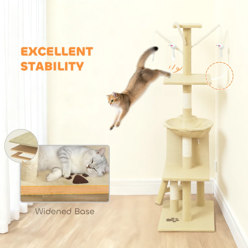PawHut 53" Cat Tree Tower, Kitten Activity Centre with Scratching Posts, Condo, Perches, Ladder, Hammock, Dangling Toys, Beige