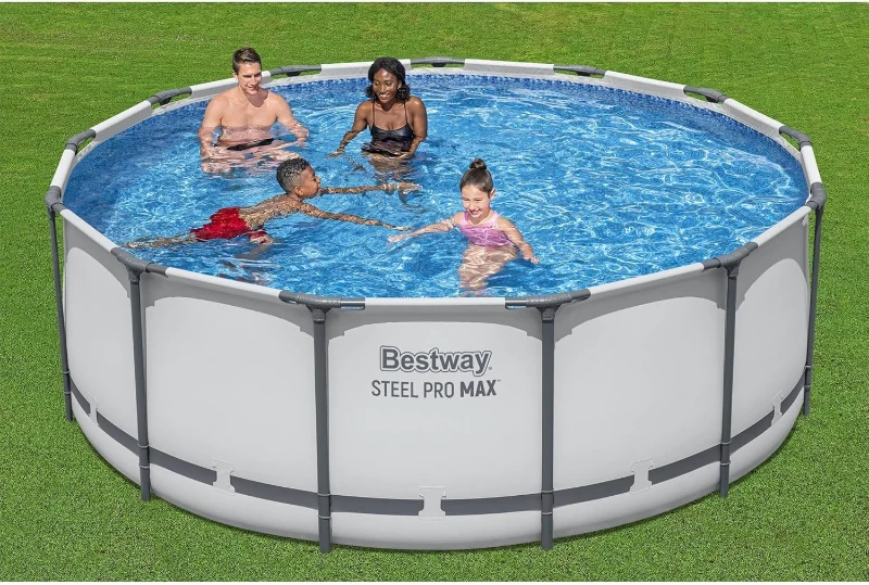 Bestway Steel Pro MAX 13-Foot x 48-Inch Round Above-Ground Pool Set, Gray — Metal Frame with Filter Pump, Ladder & Cover