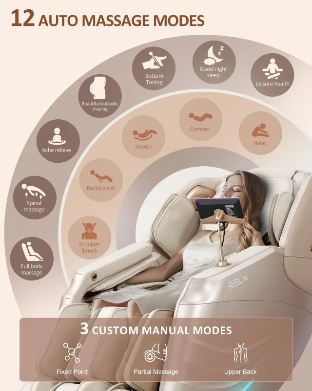 RELX 2025 Full-Body Massage Chair – 15-Mode Zero Gravity SL-Track Shiatsu Recliner with Built-In Heat, Airbag Body Scan, Deep Yoga Stretch, Calfrest Extension & AI Control (Cream)