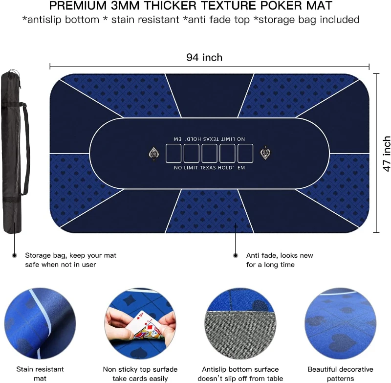 YUZPKRSI 94 x 47 Inch Poker Mat with Reinforced Sewn Edges - 10 Player Texas Hold'em Rubber Table Top, Foldable Portable Topper with Carry Bag for Poker & Blackjack