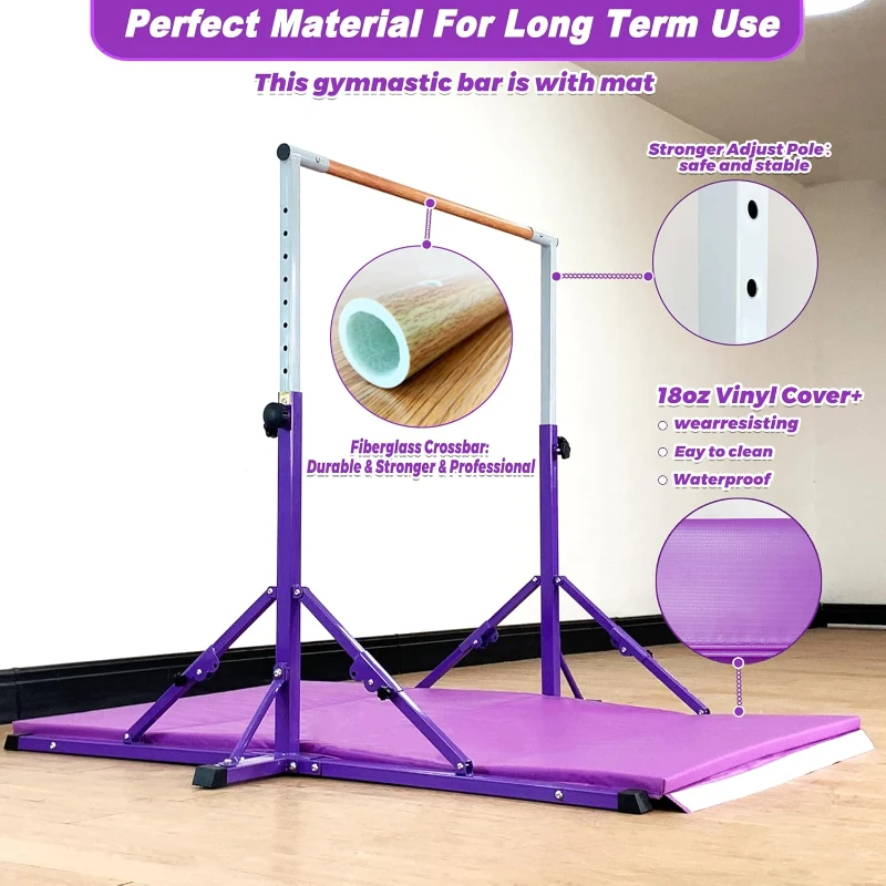 Marfula Foldable Gymnastics Kip Bar for Kids & Teens (Ages 3–25) — Adjustable Height 36–60 in, 5 ft Platform, Includes Mat, Professional Stability Features