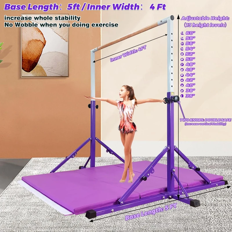 Marfula Foldable Gymnastics Kip Bar for Kids & Teens (Ages 3–25) — Adjustable Height 36–60 in, 5 ft Platform, Includes Mat, Professional Stability Features