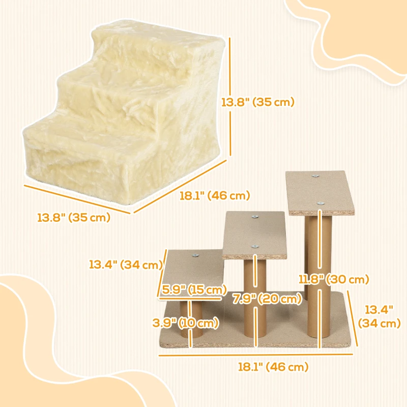 PawHut 3-Step Dog Ramp for Sofa, Bed, and Couch, Pet Steps Ladder with Removable Cover, Beige