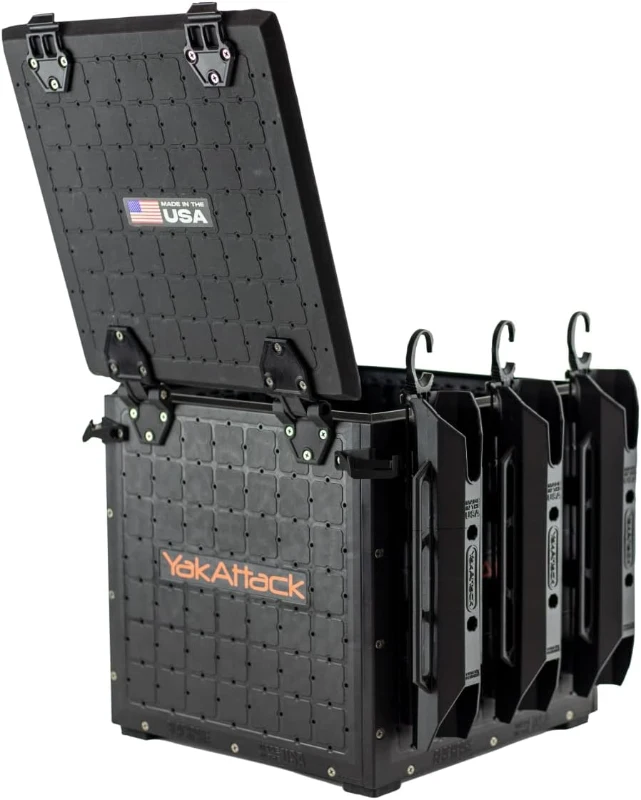 YakAttack BlackPak Pro 13"" x 13"" Fishing Crate (Black) with 3 Rod Holders | Compact Kayak Tackle Box & Gear Organizer | Lightweight, Robust & Customizable Marine Accessory | Made in USA