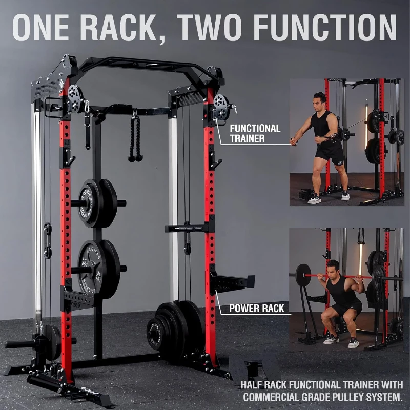 Mikolo HR05 Power Cage — 2000 lb Capacity Power Rack with Independent Dual-Pulley Cable Crossover, Multi-Function Home Gym