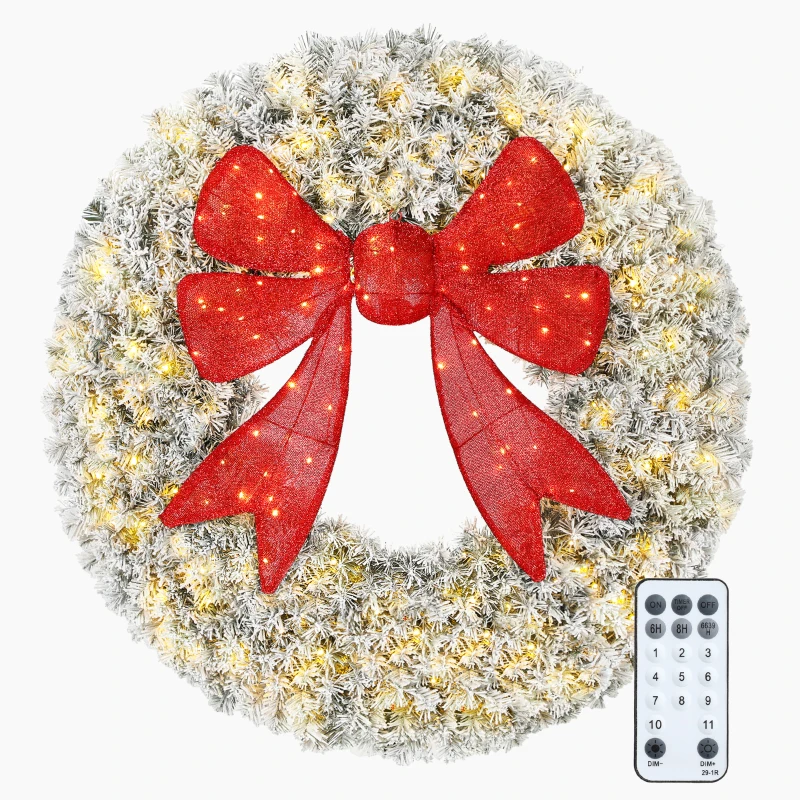HOMCOM 36in Flocked Pre-Lit Christmas Wreath with 3D Red Bow, 11 Lighting Modes, Front Door Christmas Wreath with Remote