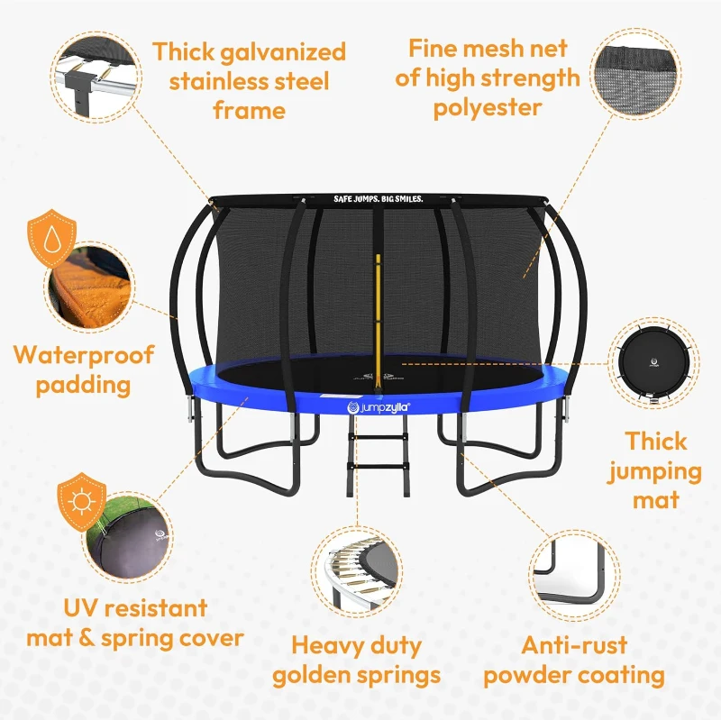 JUMPZYLLA Trampoline Outdoor (8/10/12/14/15/16 FT) with Safety Net and Ladder, ASTM Certified Recreational Trampoline for Kids & Adults, Anti-Rust Coated Frame