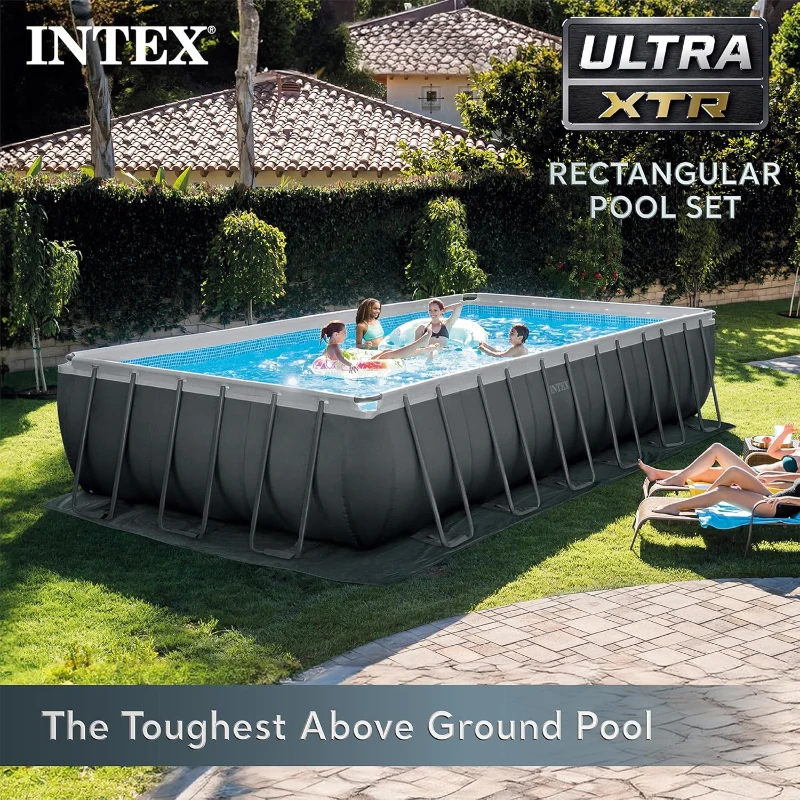 Intex 26367EH XTR Frame Rectangular Pool 24ft x 12ft x 52in with Krystal Clear Sand Filter, Removable Ladder, Cover and Ground Cloth – Large Above-Ground Backyard Pool