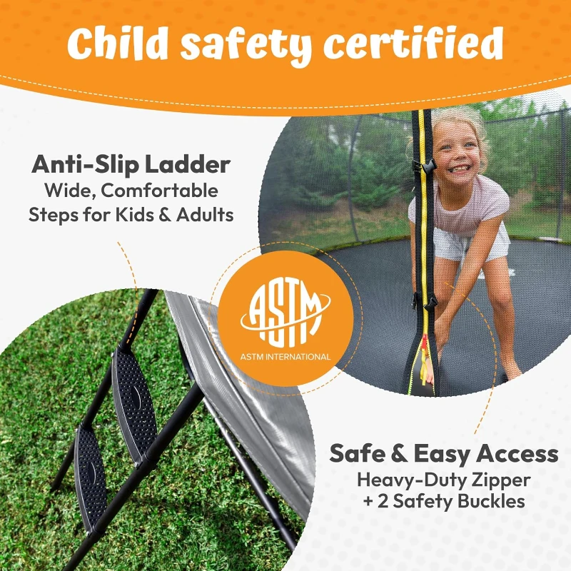 JUMPZYLLA Family Trampoline with Safety Enclosure & Ladder — 8–16 FT Options | ASTM F381-16 | Corrosion-Resistant Frame