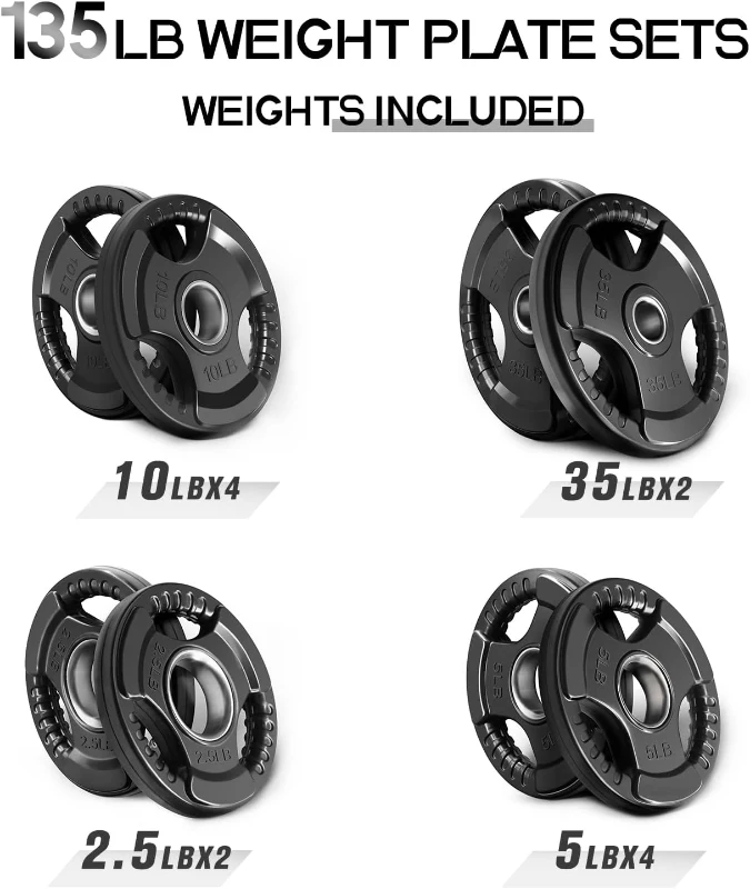 RitFit 135 lb Olympic Rubber Grip Plate Set for 2-Inch Barbells — Multi-Plate Configuration