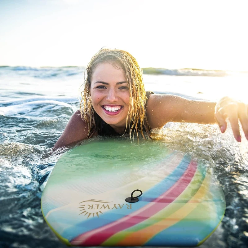 RAYWER Lightweight Bodyboard with EPS Core, HDPE Slick Bottom, Crescent Tail & Adjustable Wrist Leash — Kids and Adults