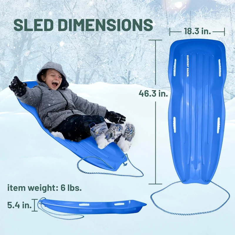 Slippery Racer Downhill Xtreme Flexible Toboggan Sled — Plastic Snow Sled for Adults & Kids, Holds up to 2 Riders, with Handles and Pull Rope
