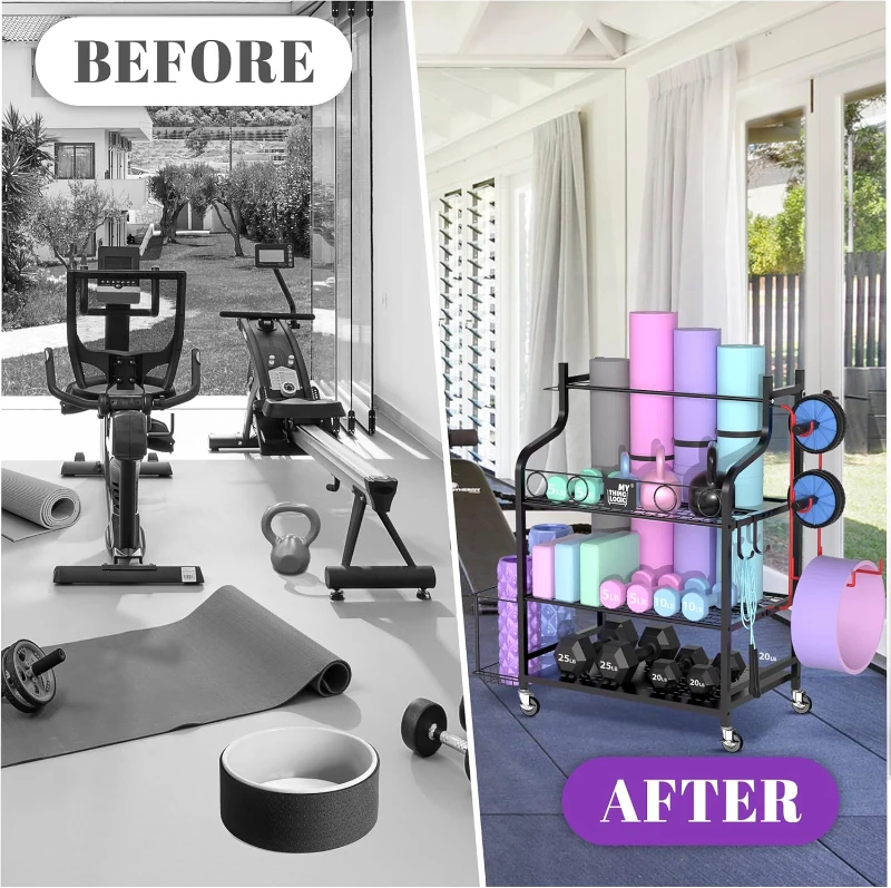 Mythinglogic Home Gym Storage Rack — Yoga Mat & Equipment Organizer with Hooks, Side Basket, 3 Mesh Shelves and Locking Wheels