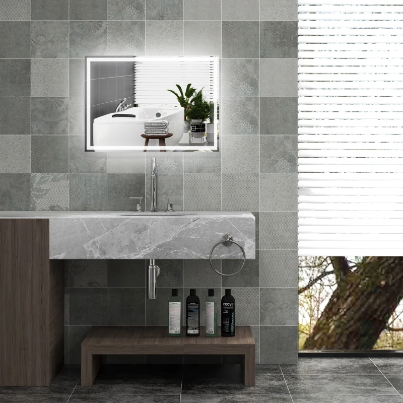 HOMCOM 32" x 24" Bathroom Mirror with LED Lights, Dimmable Makeup Mirror, Vanity Mirror with 3 Colors, Smart Touch