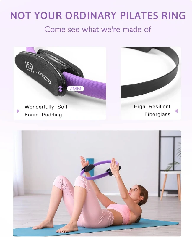 LIONSCOOL 14"" Pilates Magic Circle Set with Padded Handles, Anti-Burst Mini Ball, Resistance Bands, Guide & Storage Bag